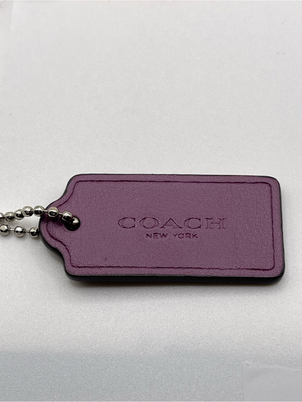 Coach Purple and Brown Leather Hang Tag with Silver Ball Chain